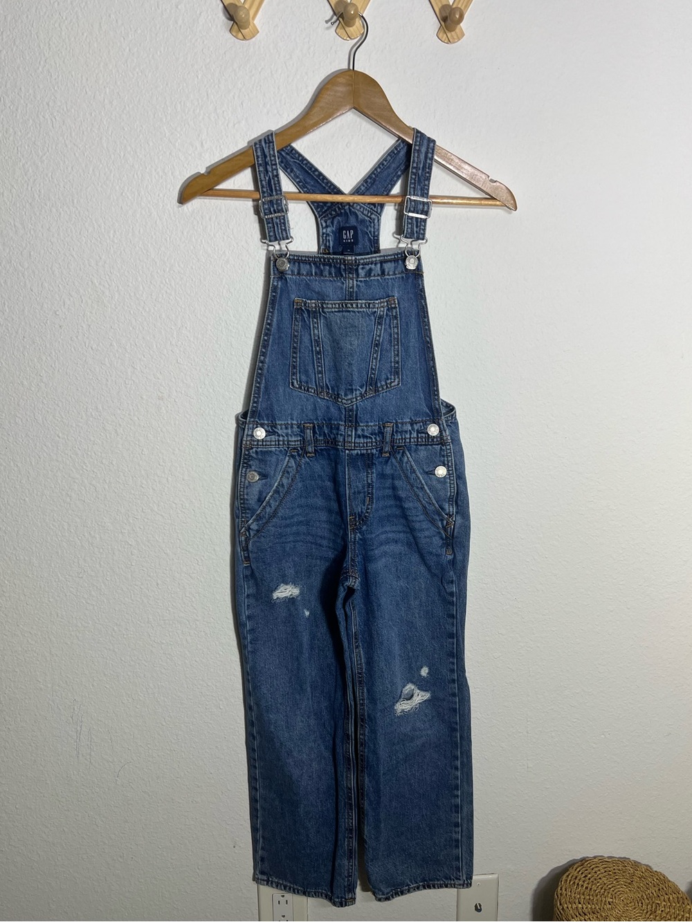 GAP • kids denim distressed overalls size medium